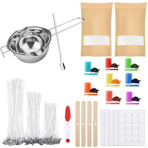 ALLAVA Kit de fabrication de bougies DIY pour adultes, cire de 1 kg, pot de cire, 100 mèches de bougie, 8 autocollants de couleur, porte-mèche, kit de fabrication de bougies pour adultes et enfants