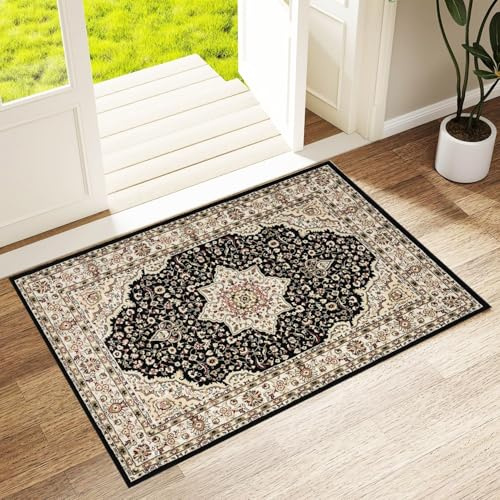 PHP Roma Vintage Door Mat for Indoor - Super Soft Classical Floral Pattern Low Pile Non Slip Mat for Living Room Bedroom Hallway Kitchen Floor Mats (60 X 110 cm, Black)