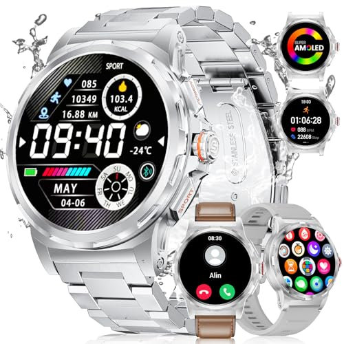 LIGE Militär Smartwatch Herren(3 Armbändern),1,43 HD AMOLED Smartwatch mit Telefonfunktion,Fitnessuhr,Silberne Uhr mit 120+ Sportmodi,Herz-/Schlaftracking,IP68 wasserdicht sportuhr für iOS/Android