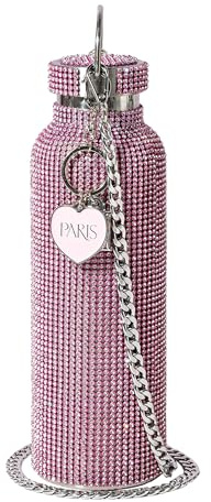 Paris Hilton – rosa glitterdrickflaska, 750 ml med rostfri kropp och strass – vattenflaska med metallhänge och avtagbar bärkedja