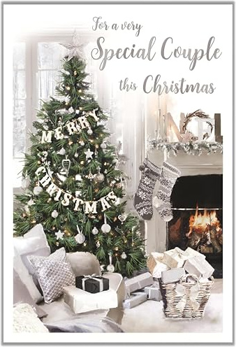 Tarjeta de Navidad especial para parejas, árbol decorativo y chimenea, diseño artístico festivo, acabados especiales, fabricado en el Reino Unido
