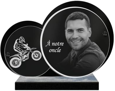 ETERNEL - Personalisierte Grabplatte Doppelkreis Moto Cross Foto und Text anpassbar, lasergravierte Grabplatte für Hommage, Friedhofsplatte, Grabstein, Beerdigung, Bestattung