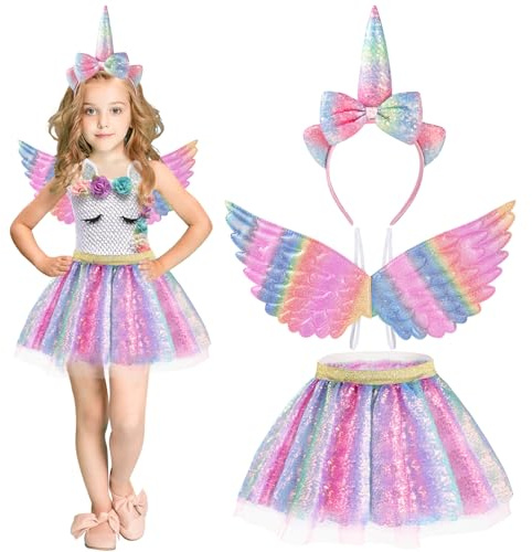 Hifot Deguisement Princesse Enfant Licorne Fille, Jupe Tutu Avec Ailes Bandeau Licorne,Robe Princesse Fille pour Carnaval Fête Anniversaire Cadeaux