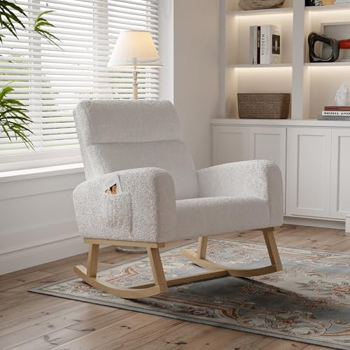 JOROBURO Schaukelstuhl mit Rückenlehne Sessel, Teddystoff Relaxsessel Schaukelsessel mit Seitentaschen und Massivholzsockel, ohnzimmersessel Schwingsessel für Schlafzimmer, Weiß