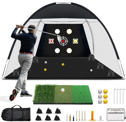 Golf-Netz, 3 x 2,1 m, Übungsnetz mit Tri-Rasen-Golfmatte, Ball, Tee, Tasche, All-in-One-Multziel-Schlaghilfe-Netz, Outdoor-Chipping-Trainingsnetze für Hinterhof, Geschenk für golf