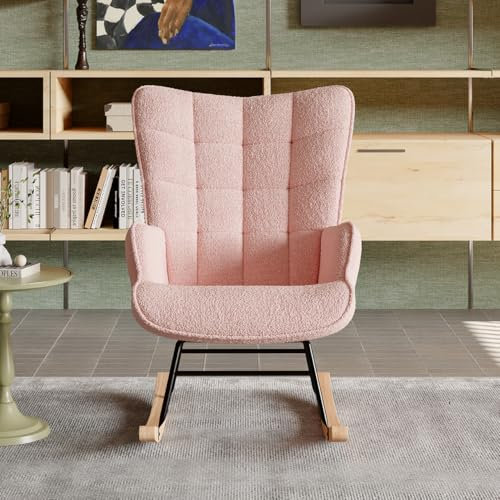 NNXHWY Skandinavischer Schaukelstuhl, Schaukelstuhl, bequemer Wohnzimmerstuhl, gepolsterter Schaukelstuhl mit Beinen aus Massivholz, Rückenlehne aus gepolstert, Stoff aus Velours, Rosa