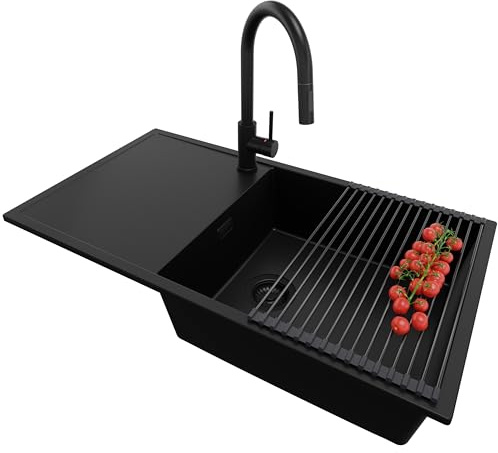 PRIMAGRAN Fregadero Granito al Mueble 60cm + Grifo, 90x50cm | Set: Grifo BW9010 + Kit de desagüe + Enrollable Escurridor + Ibiza 1 Seno para Cocina, Todo Negro