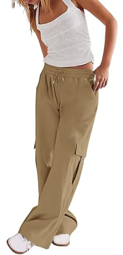 Pantalón de senderismo para mujer, pantalón de verano, ligero, de alta cintura, baggy, cargo, impermeable, de trabajo, de jogging, de entrenamiento, de trekking, de ocio, de un solo color, cómodo, con