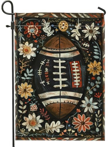 Football Floral Garden Flag, Black Rustic Country Decor Banner, Double Sided Burlap Yard Flag for Outdoor Lawn Decoration 12x18 Inch