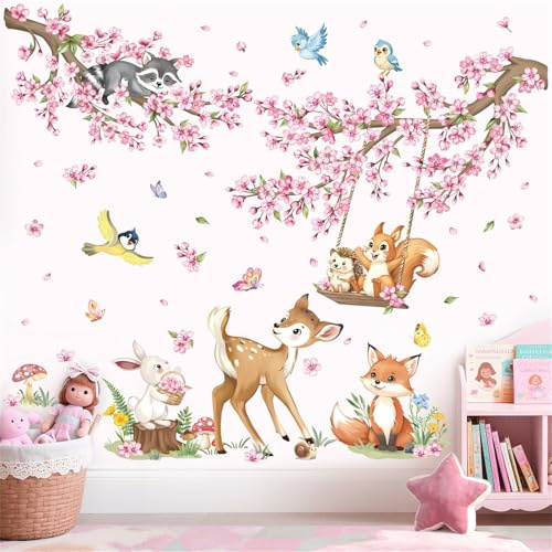 decalmile Stickers Muraux Fleurs de Cerisier Rose Autocollant Mural Animaux des Bois Floral Branche Arbre Décoration Murale Bébé Fille Chambre Enfants Pépinière