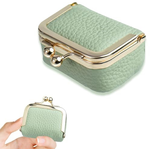 SHOFUL Mini Schmuckschatulle aus echtem Leder, tragbar, Münzgeldbörse, Schmucketui mit Kussschloss, Mini Reise Ring Box für Damen für Ohrringe, Ringe, Halsketten, Armbänder (Grün)