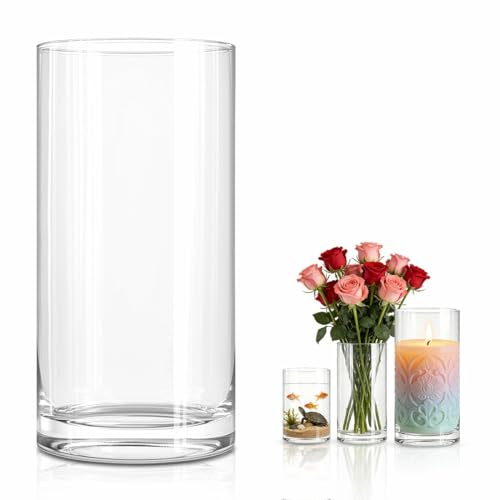 Yuraigm vas dekorativt glas, glasvas cylinder H 30 cm D. 15 cm transparent runda glasvaser, stor vas glas ljusglas lykta glas, ljushållare cylindervas för bordsdekoration bröllopsdekoration vardagsrum
