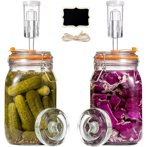 1,5L Fermentierglas 2er Set mit Gärventil & Gewicht - Fermentiergläser & Kimchi Behälter für Sauerkraut, Kombucha, Praktische Vorratsgläser mit Deckel zum Einmachen & Fermentieren, Einmachgläser