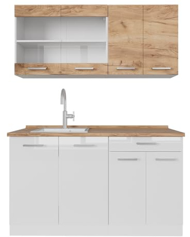 Vicco Küchenzeile R-Line, Goldkraft Eiche/Weiß, 140 cm | zweifarbige Schränke, AP Eiche, geeignet für kleine Räume, modular erweiterbar