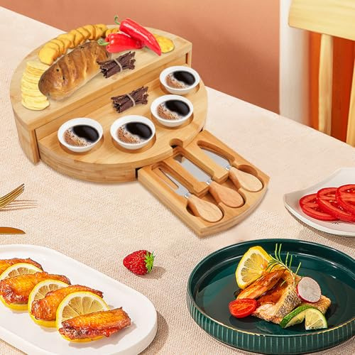 Piatto da formaggio in bambù con coltello, set di attrezzi per formaggio, piatto girevole per snack, piatto per pizza, con 4 ciotole, 2 coltelli da formaggio e 1 forchetta, per riporre formaggi