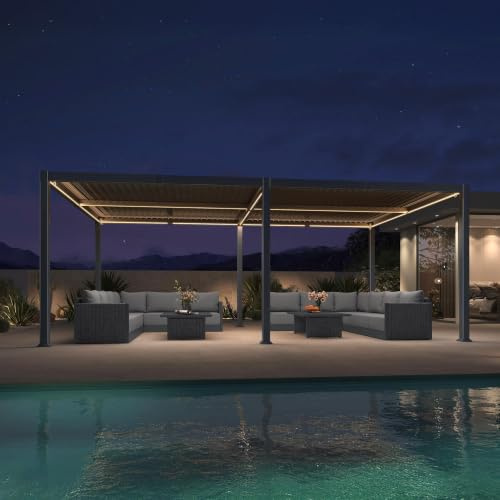 PURPLE LEAF Pergola 4 × 6 m LED mit Kreuzförmiger Querträger, Grau | Solar- & USB-Betrieb, Separat verstellbare Lamellen, 3 Lichtfarben, Wetterfestes Aluminium, Verstärkte Pfosten, für carport