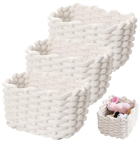 3 stycken förvaringskorgar i bomull – förvaring av vita flätade korgar, 18 x 14 x 13 cm, korg, dekor, virkkorg, flätad korg för skåp, kök, skrivbord, toalettbord