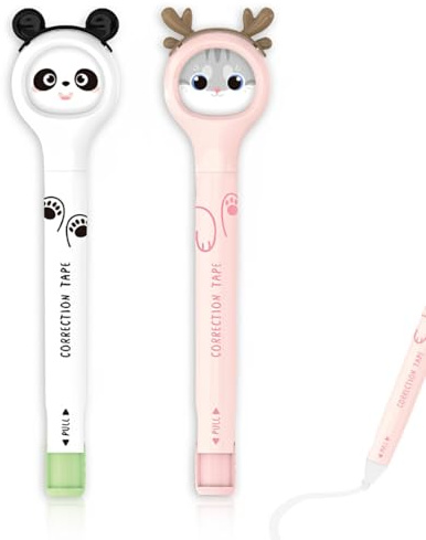 WHYCNJL 2 pezzi Correttore a Nastro Forma Penna,6M x 5MM Rullo di Correzione Kawaii, Nastro di Correzione Gatto per Ufficio, Appunti, Correzioni, Bricolage e Scrapbooking,Carino-Gattino e Panda