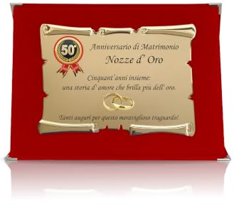 Targa Nozze d'Oro 50° Anniversario di Matrimonio con Astuccio in Velluto – Targa Ricordo a Forma di Pergamena – Idea Regalo per Genitori, Nonni e Coppie (Fedi Rosse)