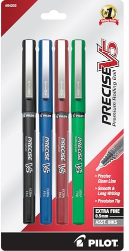 PILOT Precise V5 Stick Liquid Ink Rolling Ball Stick Pens, Extra Fine Point (0.5mm) Black/Blue/Red/Green Inks, 4-Pack (94202)