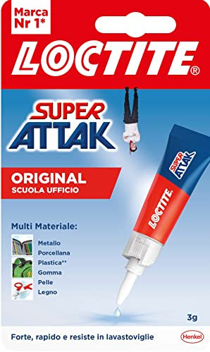 Loctite Super Attak Original Scuola e Ufficio, Colla Liquida Trasparente con Tripla Resistenza e Istantanea, Colla Resistente per Gomma, Metallo, Ceramica, Legno, Cuoio, Pelle, 1 x 3 g
