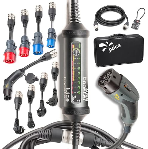 Juice Booster 2 Master Set, Mobile Wallbox 22kW Sin Instalación, Cargador Coche Electrico con Cable Tipo 2, Incluye 4 CEE + 4 Adaptadores UE + Adaptador Tipo 2 + Extensión de 5m + 2 Candados