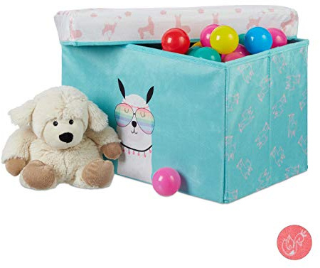 Relaxdays Sitzbox Kinder, Staubox mit Deckel, Spielzeug Aufbewahrung, faltbar, Lama Motiv, Jungen & Mädchen, 33l, türkis 31 x 48,5 x 31 cm