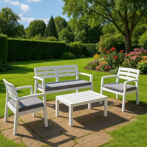 Dmora - Set Salotto da Esterno Massa, Composizione da Giardino con 2 poltrone, 1 Divano ed 1 tavolino, Salottino Indoor e Outdoor con Cuscini, 100% Made in Italy, Bianco