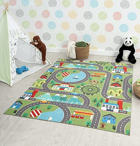 the carpet Happy Life – Kinderteppich Spielteppich Straßen- und Stadtmotiv mit Auto, rutschfest & pflegeleicht, ideal fürs Kinderzimmer, Grün, 80 x 150 cm