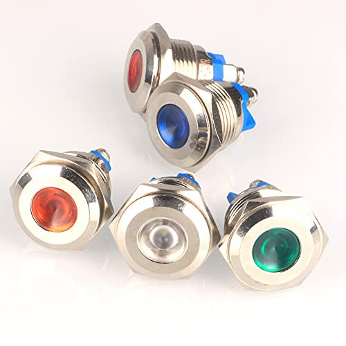 Gebildet 5pcs 16mm AC/DC 12-24V Edelstahl Wasserdicht LED-Kontrollleuchte Schraubklemmen in 5 Farben Rot/Orange/Blau/Grün/Weiß