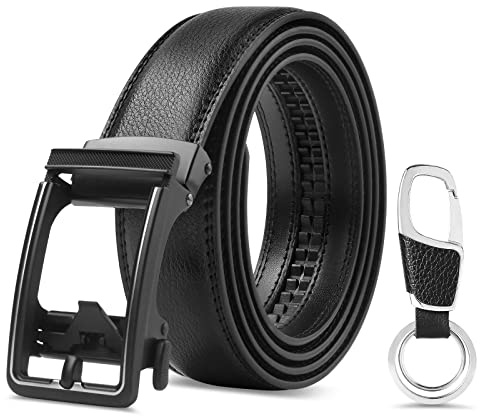 flintronic Cintura da Uomo in Pelle con Fibbia Automatica, Moda Cintura a Cricchetto 3.5cm * 130cm, con Portachiavi e Confezione Regalo