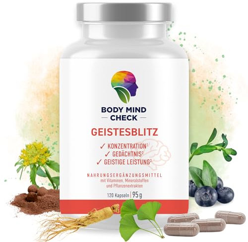 GEISTESBLITZ - natürliche Konzentrations Tabletten zum Lernen und Arbeiten - 120 Brain Booster Focus Kapseln hochdosiert - Focus Booster Gedächtnis Tabletten - Nootropic Gehirn Gedächtniskapseln