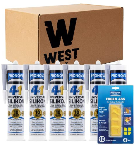 W West Boxx Set aus 6x 4 in 1 Universal Silikon in Manhattan und Fugen-Ass Fugenglätter, Universalsilikon ideal für Sanitär, Naturstein & Holz für außen und innen