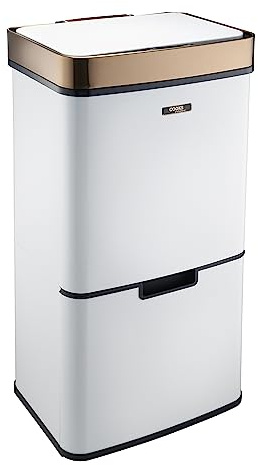 Cooks Professional Recycling Sensor Bin 75L with Dual Compartments and Removable Food Caddy for Kitchen | Smart Automatic Brushed Stainless Steel Bins | White & Copper