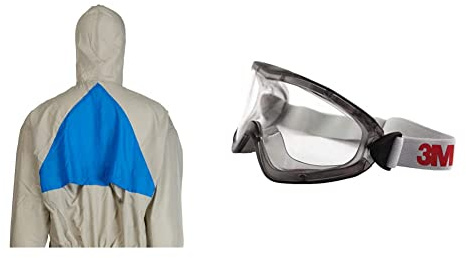3M Mehrweg-Schutzanzug 50425L, Mehrweg-Schutzanzug, grau+blau, Gr. L & 2890SA Vollsichtbrille, 2890er Serie, AF, UV, A, ohne Belüftungsschlitze (gasdicht), Klar