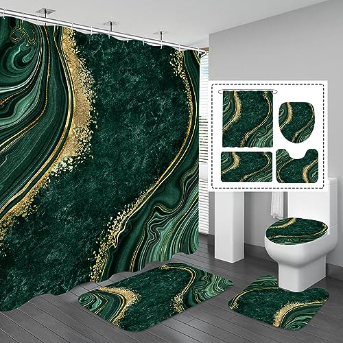 Gibelle Luxuriöses Marmor-Duschvorhang-Set mit rutschfesten Teppichen, WC-Deckelbezug und Badematte, Goldfolie, Smaragdgrün, Badezimmer-Dekor-Set mit Duschvorhang und Teppichen und Zubehör, 4-teilig