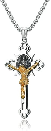 MERTTURM Cross Necklace Men, Gold Sliver Jesus Crucifix Necklace, Stainless Steel Cross Pendant Necklace with Gift Box, Church Christian Jewelry for Boy, Men, Hip Hop, Punk, Baptism