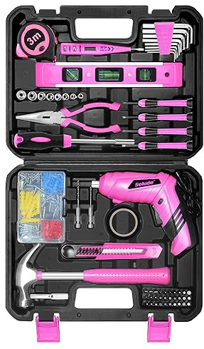 SOLUDE Pink Tool Set,130 Piece Home Tool Kit for Women with 3.6V Cordless Rechargeable Screwdriver,Basic Household Tool Kit Set for New Home,Apartment,College Dorm & DIY Projects