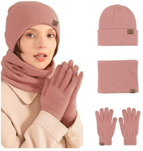 MARUKO Mütze Schal Handschuhe Damen Set Winter Warm Beanie Mütze Touchscreen Handschuhe und Schal Set mit Fleecefutter Wintermütze Winterschal Winterhandschuhe (Rosa)