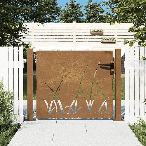 Homgoday Garden Gate Metal Gate Garden Door Fence Door Garden Gate Fence Gate Entrance Gate Yard Gate Single Gate Double Gate Garden Fence Gate 105 x 105 cm Corten Steel Grass Design