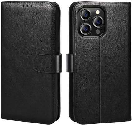 LETREEN Handyhülle für iPhone 15 Pro Max Hülle, Schutzhülle für iPhone 15 Pro Max 6,7 Zoll, Premium Echtleder Wallet Flip Case 【RFID Schutz】 Standfunktion Kartenfach Klapphülle - Schwarz