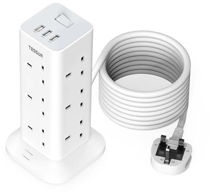 Tower Extension Lead 5M with 3 USB Slots, TESSAN 12 Way Multi Plug Extension Sockets with Long Cable, Surge Protected Power Strip with Switch for Home, Office, Kitchen, School Supplies