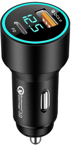 Cargador Movil Coche, Cargador Mechero USB, Cargador de teléfono para automóvil USB, Cargador de automóvil rápido con Pantalla Digital, Cargador de Coche Tipo C para Coche SUV de AJE