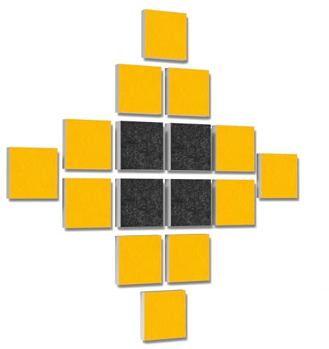 platino24 Wandbild Quadrate 16-teilig I 3D-Set Colore Quadrat 27,5 x 27,5 cm Multicolore I Basotect ® G+ Akustikpaneele mit Akustikfilz I Schalldämmung für Wand & Decke I Anthrazit & Sonnengelb
