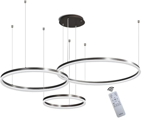 WayLuoung Metall LED Kronleuchter | 3 Kreise 20+40+60cm | 45W Rings Deckenhängelampe, Dimmbare Fernbedienung 3000–6000K, Acryl Schirm Pendelleuchte, Wohnzimmer Schlafzimmer Foyer Esszimmer【Schwarz】