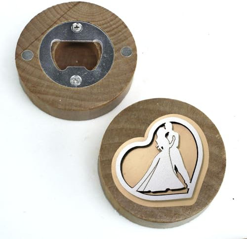 DLM 35202 (Kit 12 Pezzi) Apri Bottiglie Apribottiglie con Calamita Moderno Design Tondo in Legno Cuore e Sposi Sposini Abbraccio Nozze Matrimonio bomboniera