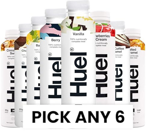 Huel Ready to Drink 500ml | Pick any 6 Bottles | Choose from - Banana, Berry, Chocolate, Cinnamon Swirl, Iced Coffee Caramel, Salted Caramel, Strawberries & Cream, Vanilla & More | 6 x 500ml