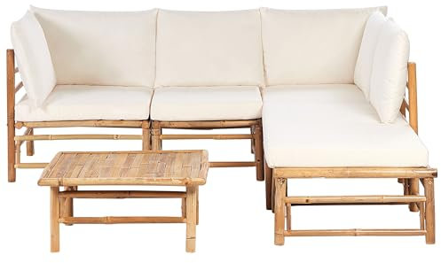 Hörnsoffgrupp Trädgård i 6 delar 5-sits med Soffbord Bambu Naturliga Kuddar Off-White Cerreto