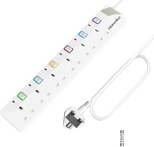 Toomke 3M Extension Lead 6 Way Multi Plug Extension Sockets with Individual Switches, 6 Plug Wall-Mounted Power Strip 3 Meter Power Cord 13A 3250W for Home Office Kitchen