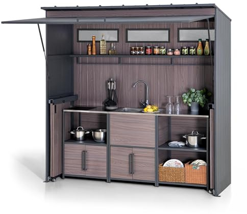 Sunjoy 4-teilige Edelstahl-Grillküche mit Spüle, Regal & Arbeitsplatte – Outdoor-Kücheninsel mit Entwässerung und Klapptüren